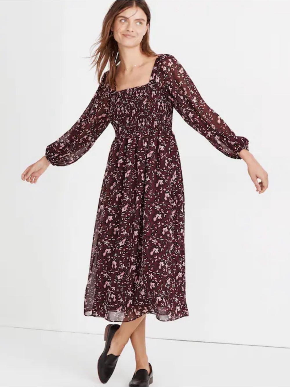 Madewell Re)sourced Georgette Sheer-Sleeve Smocked Midi Dress Size M